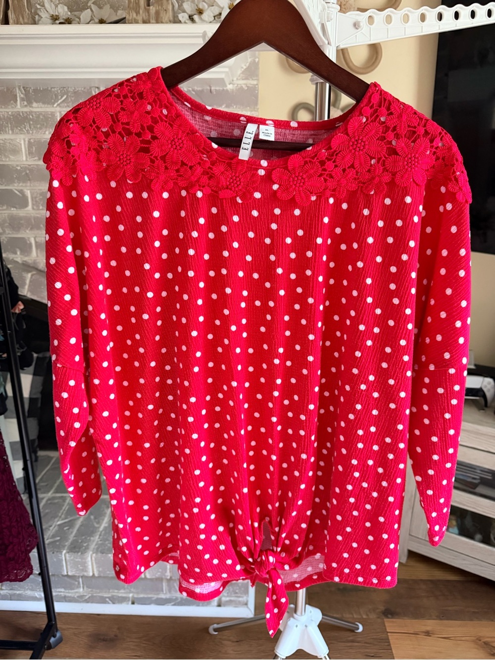 Elle Red Polka Dot Long Sleeve Top with Crochet Yoke and Front Tie